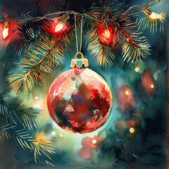 A red ornament hangs from a tree branch