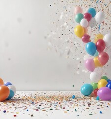 Colorful confetti scattered on a white background with balloons and streamers, streamers, balloons