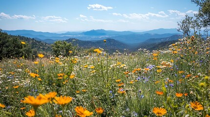 Fototapeta premium A wildflower-covered hillside with a view of distant mountains and a clear blue sky