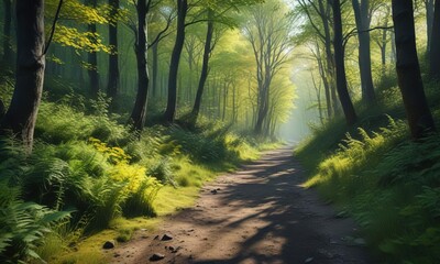 Obraz premium Secluded path in the woods with abstract gradient grainy texture and vibrant green yellow black surroundings , abstract, nature, grainy