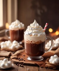 Rich brown hot chocolate in a clear glass cup with whipped cream and marshmallows , comforting, frothy