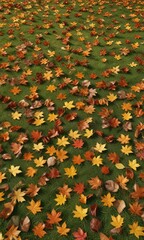a blanket of autumn leaves stretching across the green grass, earthy tones, autumn leaves, leaf blanket