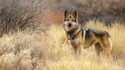 Fototapeta premium Majestic Saarloos Wolfdog in Arid Desert Landscape