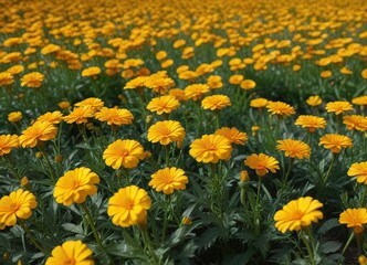 Obraz premium A field of bright yellow marigold flowers with delicate petals and a strong stem, swaying gently in the breeze, countryside view, flower field