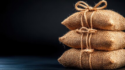 Fototapeta premium Three burlap sacks tied with twine, stacked elegantly on a dark background.
