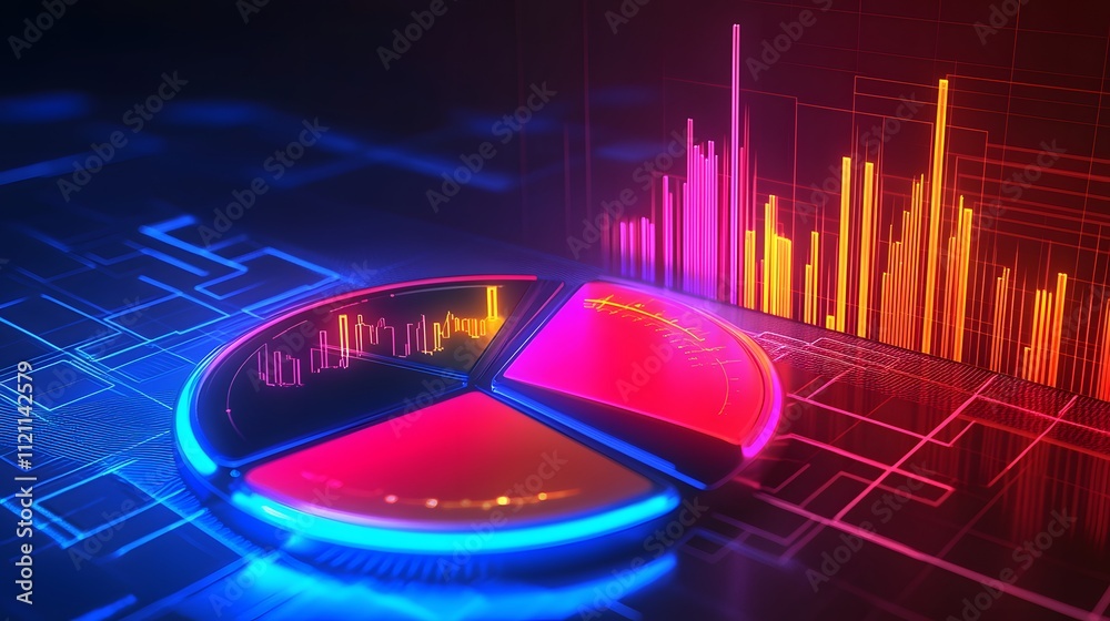 Poster a futuristic circular chart design with glowing segments expanding outward, symbolizing diversified 
