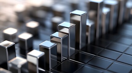 Fototapeta premium A fragmented design of metallic cubes rising upward, forming an abstract income graph.