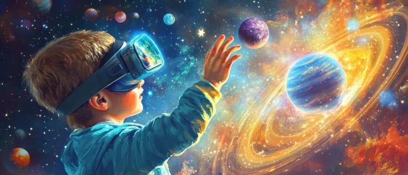 Boy Explores the Cosmos with Virtual Reality Headset, Reaching for Planets