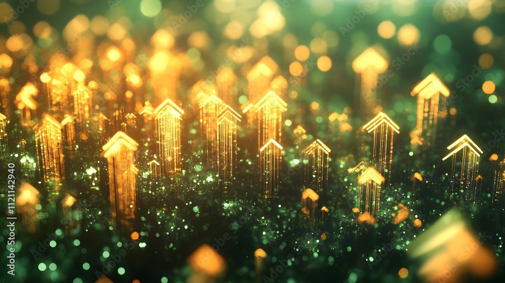 Poster A fluid gradient of green and gold hues blending into arrow shapes, symbolizing upward financial movement.
