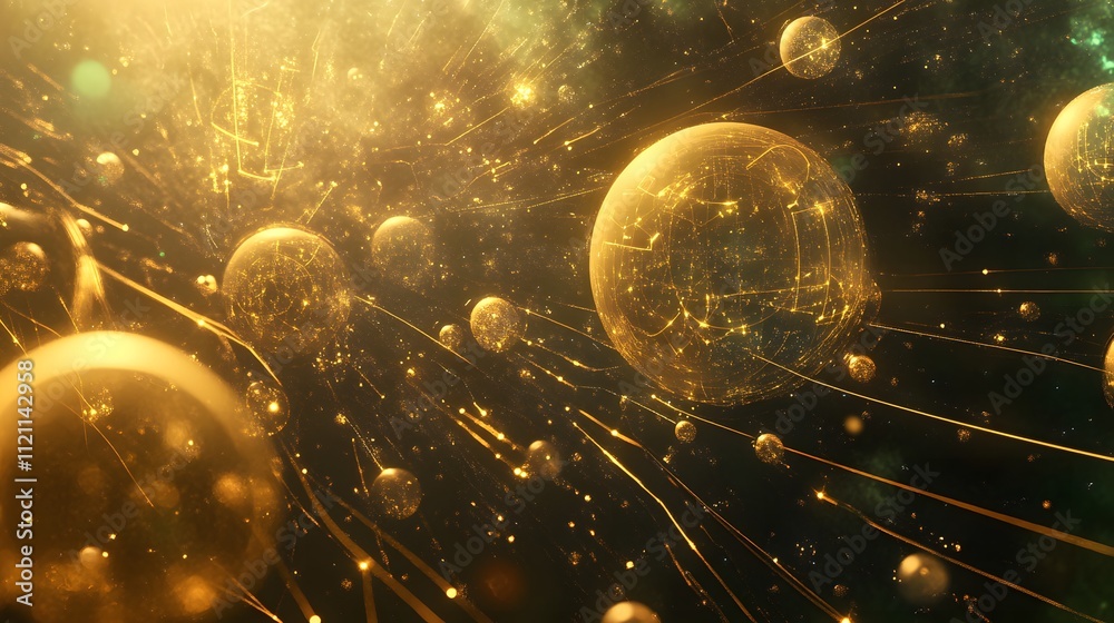 Aufkleber a futuristic abstract pattern of glowing orbs connected by golden lines, symbolizing income sources.