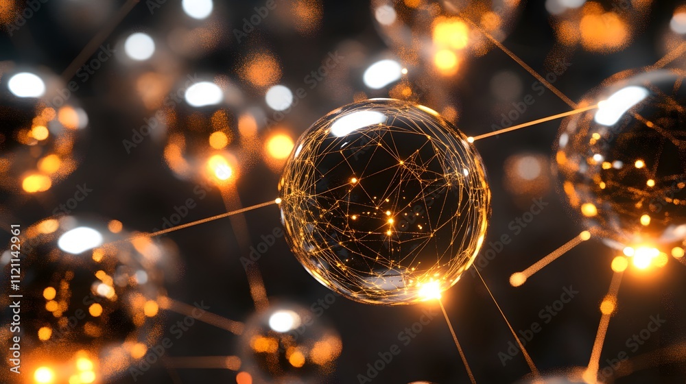 Aufkleber a futuristic abstract pattern of glowing orbs connected by golden lines, symbolizing income sources.