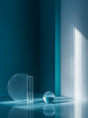 A modern abstract design featuring glass shapes and a glossy surface, illuminated by soft blue tones, perfect for backgrounds or product displays.
