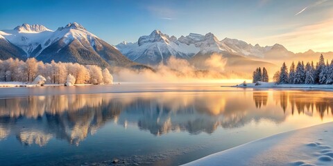 Fototapeta premium Serene Winter Sunrise Over a Still, Frozen Lake Reflected in the Majestic Mountains