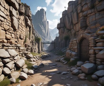 rugged, rocky terrain with a complex network of stone walls and gates , mountains, desert, canyon