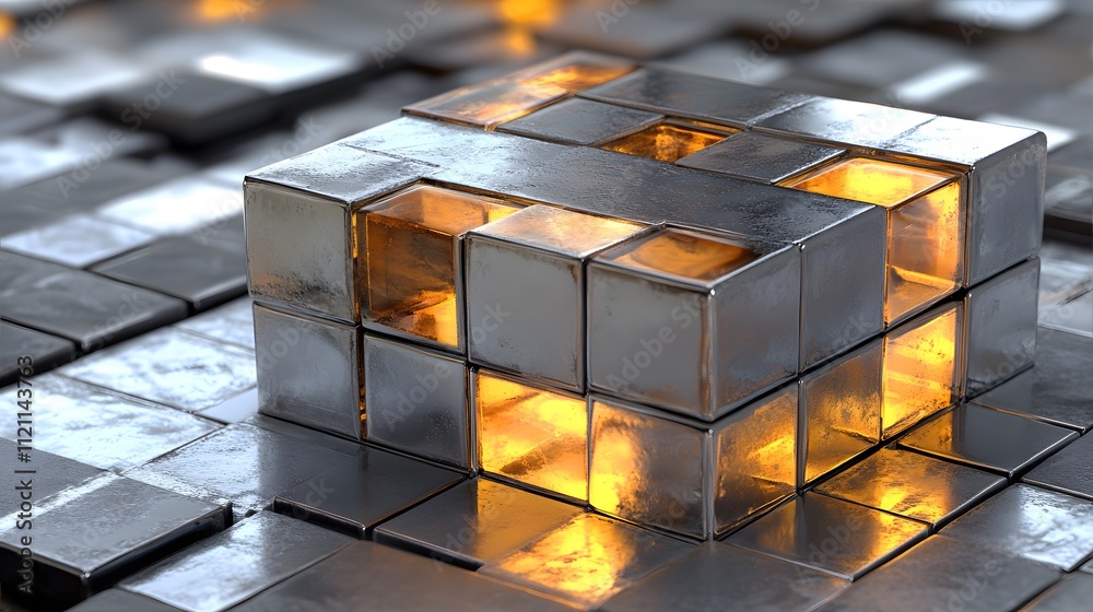 Aufkleber A fragmented design of glowing tax symbols emerging from a metallic cube, symbolizing structured data.