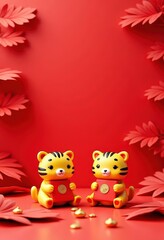 Cartoon Tigers with Red Envelopes, Red Background
