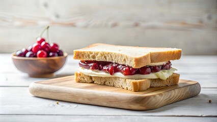 Delicious simple sandwich with cheese and cherry preserves on a wooden board