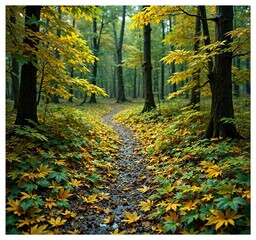 Obraz premium Forest floor covered with wet yellow and green maple leaves , fallen, wet