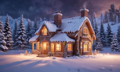 Fototapeta premium Gingerbread house with a snow-covered roof and chimney in a winter wonderland, sweet, snowy