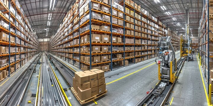 A fully automated warehouse with a conveyor belt system and robotic arms sorting boxes on shelves.