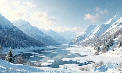 Winter landscape with snow-covered mountains, frozen lakes, and a serene atmosphere, tranquil nature, frozen lakes, peaceful atmosphere