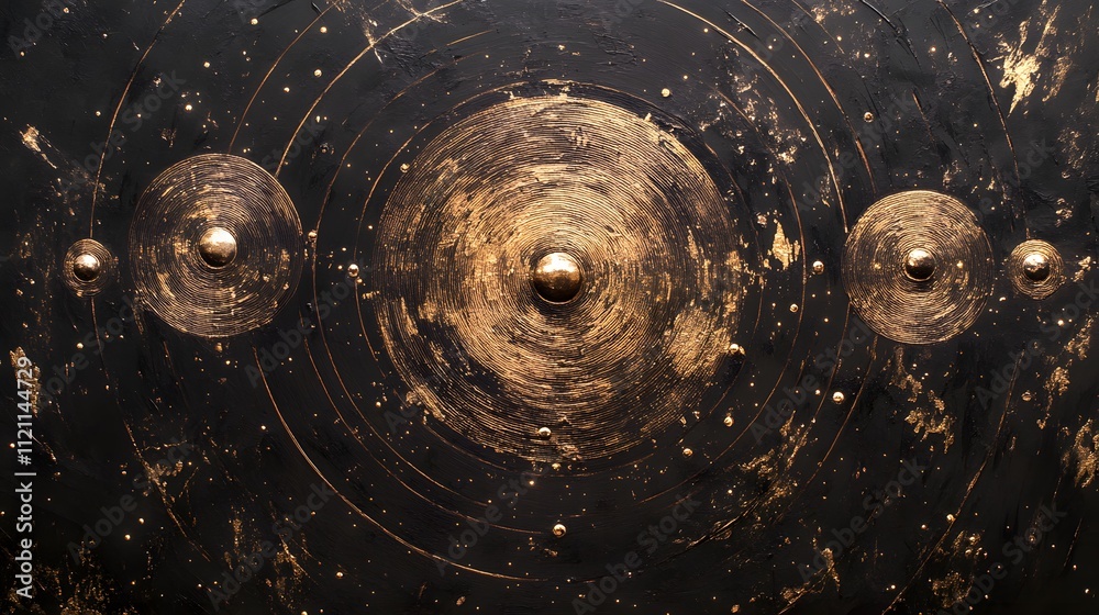 Poster concentric circles with a radiant golden center, surrounded by glittering light particles.