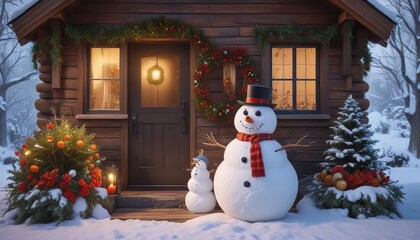 Cozy winter house with large wreath and snowman, evergreen branches, outdoor decor, festive lights