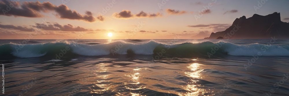 Wall mural softly glowing waves flow across the ocean surface, creating an ethereal atmosphere at dusk, soothin