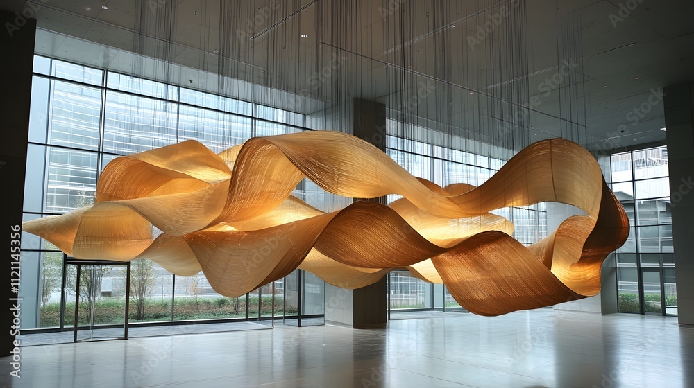 Poster Cascading golden ribbons flowing in dynamic patterns, symbolizing abundant resources.