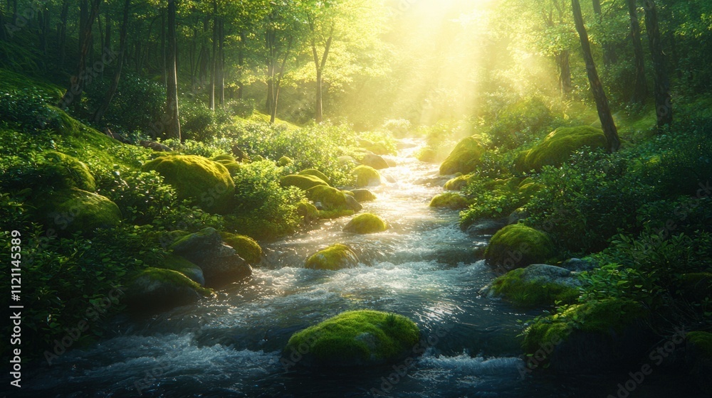 Poster a gentle stream flowing through a lush green forest, surrounded by moss-covered rocks and soft sunli