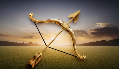 Golden bow and arrow with a transparent background, symbolizing the Dussehra festival and Lord Rama. Represents victory of good over evil and the spirit of celebration in Hindu tradition.