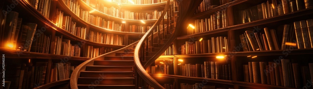 Poster a grand library with towering shelves filled with old books and a spiral staircase bathed in warm li