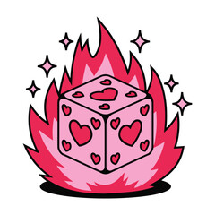 Flaming Pink Dice with Heart Symbols Illustration
