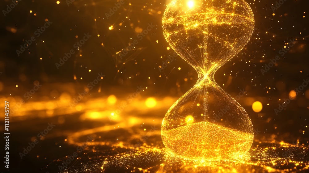 Poster a glowing golden hourglass with particles of light flowing through.