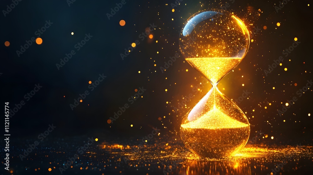 Poster a glowing golden hourglass with particles of light flowing through.