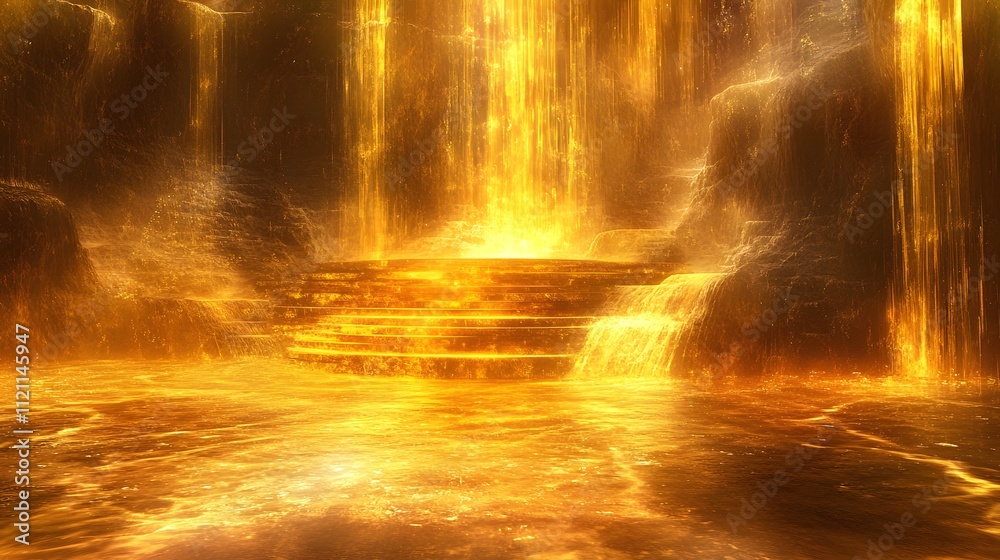 Poster A dynamic depiction of golden waterfalls cascading into a glowing pool.