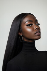 African American Model Black Model Wearing Straight Brazilian Wig Earrings and Lash Extensions Studio Shot Straight Hair Bundles Straight Hair Extensions
