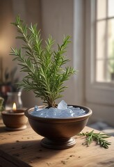 Fototapeta premium Altar with a bowl of water and a sprig of rosemary, spiritual practice, water