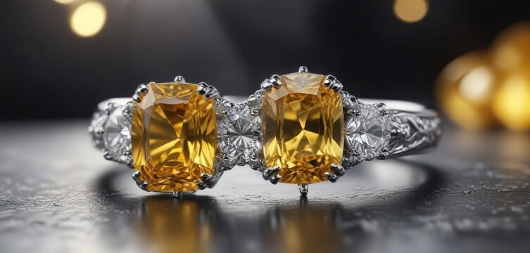 Anillo de platino con un diamante amarillo y gemas blancas en un fondo de citrino y zafiro, gemas blancas, , anillo de zafiro