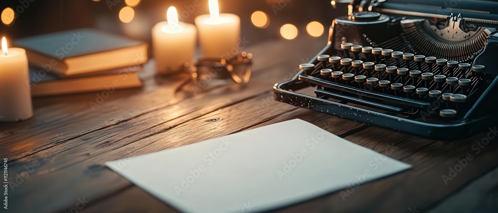 Poster a vintage typewriter with a blank sheet of paper placed on a wooden desk surrounded by books and can
