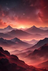 Obraz premium abstract red background with glittering starry sky and misty mountains, mountainous landscape, peaceful scene