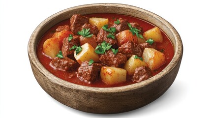 A hearty bowl of beef stew with potatoes, garnished with parsley.