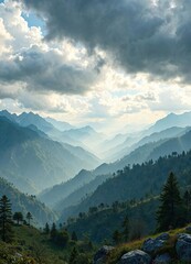 Obraz premium Misty mountains in the afternoon with gray clouds, clouds, scenery
