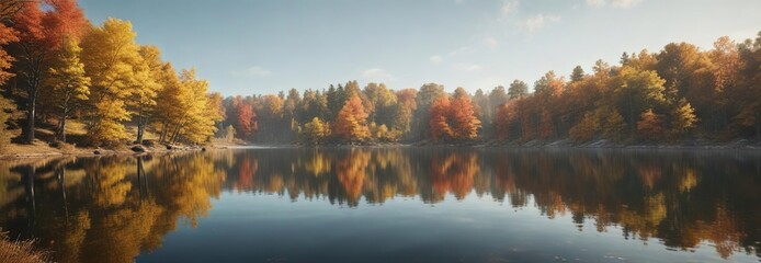 Muted autumn foliage against a serene summer lake , seasonal contrast, nature's harmony