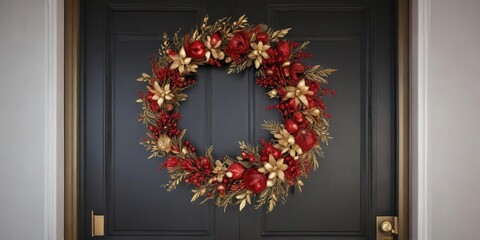 A festive red and gold wreath on a door frame, holly leaf, holiday decoration, ribbon garland