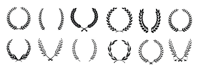 Set of black and white silhouette circular laurel foliate and oak wreaths depicting an award, achievement, heraldry, nobility. Vector illustration