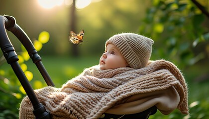 Smiling baby boy in a stroller wearing a winter hat and cap, looking adorable and happy