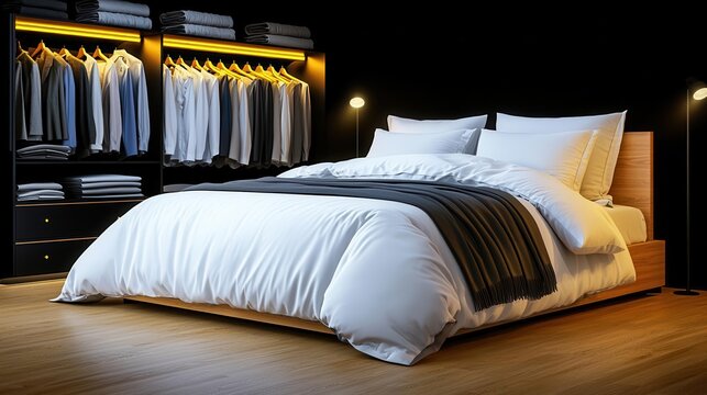 Cozy bedroom interior with a modern bed and illuminated closet shelving.