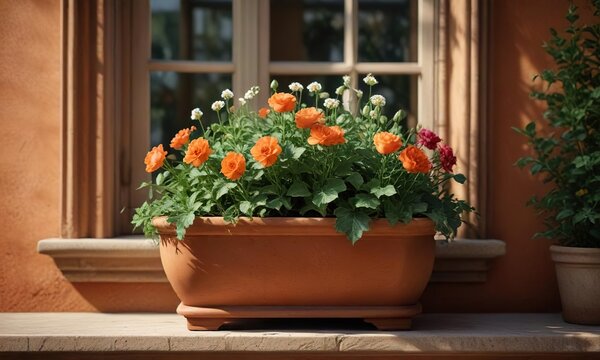 Seasonal flowers including Decembrist in a large terracotta planter on a windowsill, mixed flowers, garden, planter
