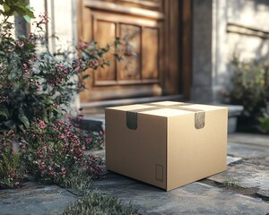 A cardboard box at a home entrance.